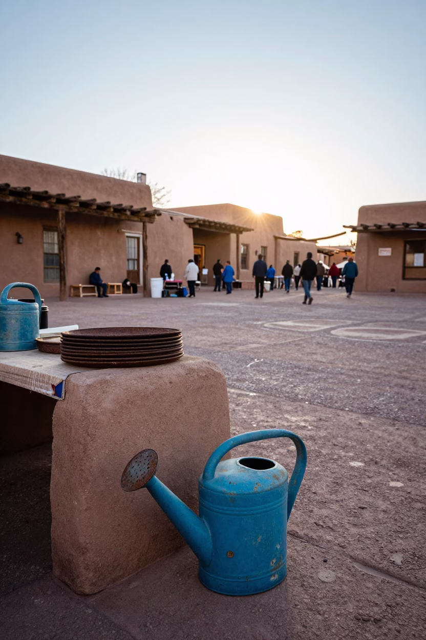 Morning Market Scene in Santa Fe New Mexico with Watering Can and Rusty Stool in in Santa Fe, New Mexico, United States