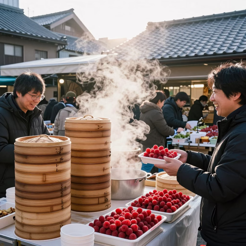 Morning Market Scene in Sapporo Japan with Steamers and Fresh Raspberries in in Sapporo, Japan