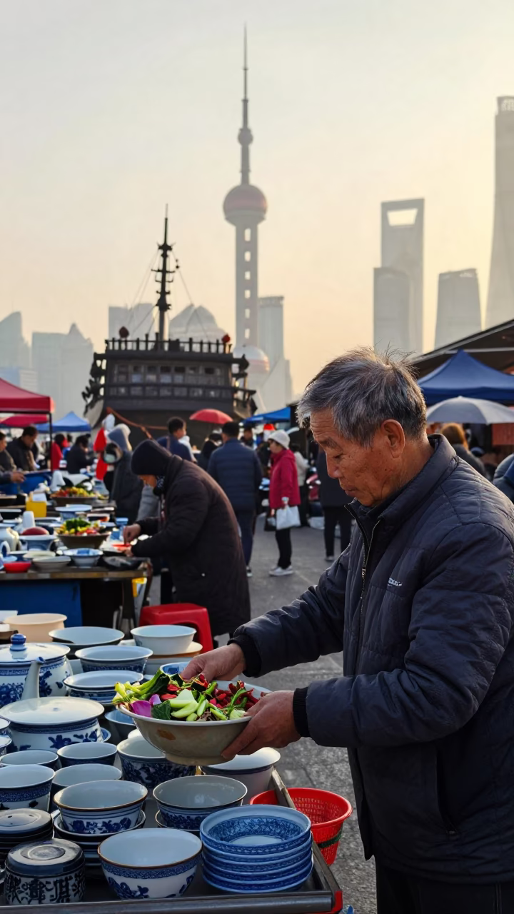 Morning Market Scene in Shanghai China with Chinese Junk and Ceramic Bowl in in Shanghai, China