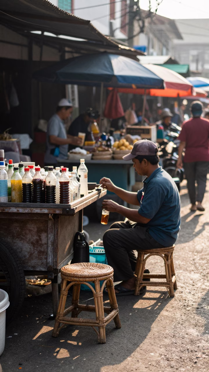 Morning Market Scene in Surabaya Indonesia with Rattan Stool and Bottle in in Surabaya, Indonesia