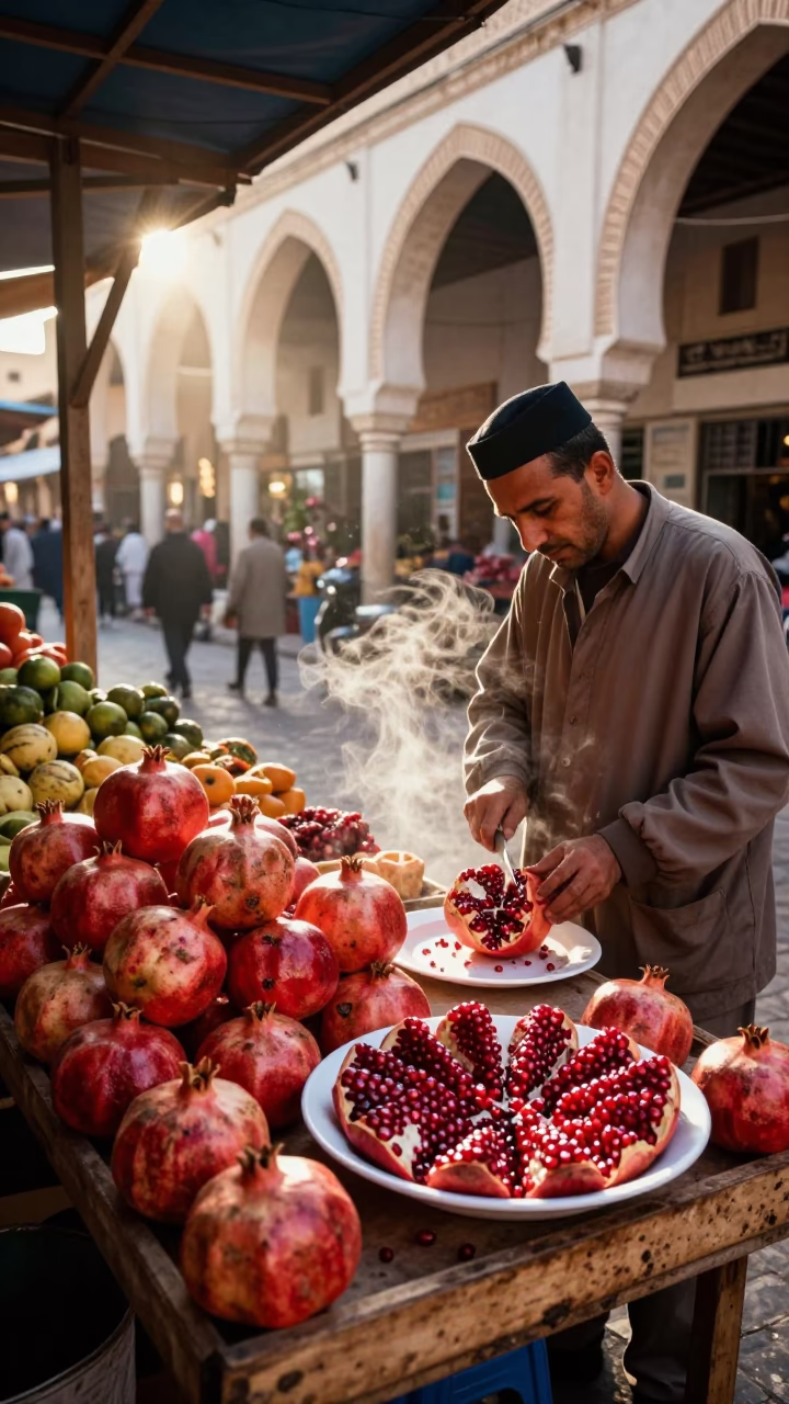 Morning Market Scene in Tunis Tunisia with Fresh Pomegranate and Traditional Breakfast in in Tunis, Tunisia