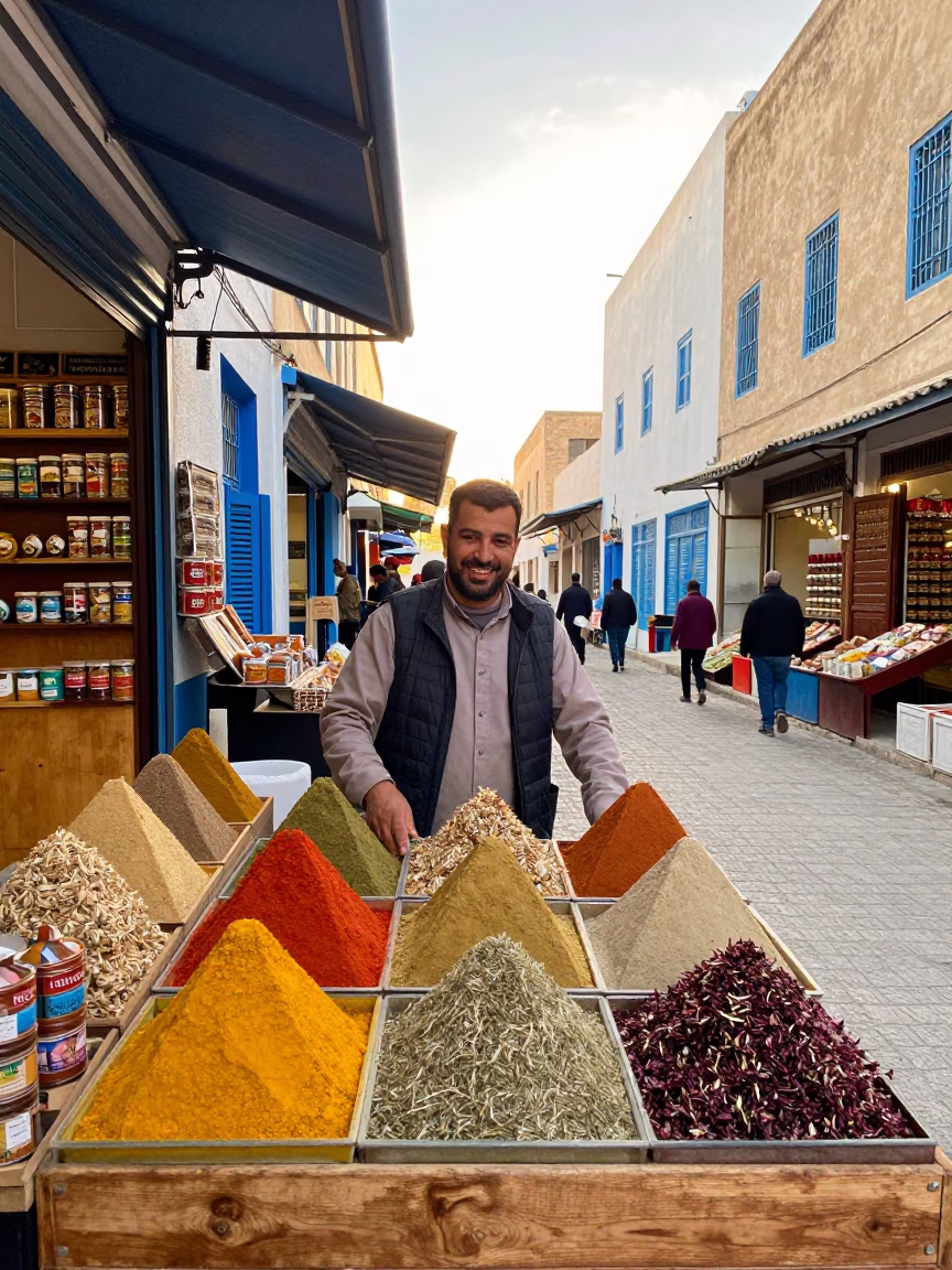 Morning Market Scene in Tunis Tunisia with Spices and Local Vendors in in Tunis, Tunisia