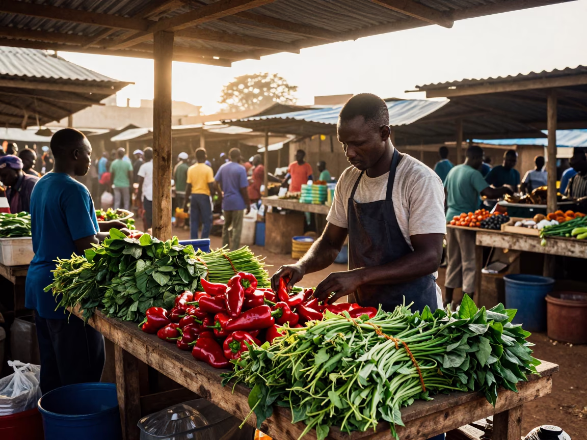 Morning Market Stall in Accra Ghana First Light with Apron and Mug in in Accra, Ghana