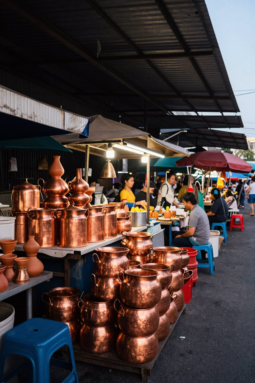 Morning Market Stall in Bangkok Thailand with Copper Pots and Clay Jars in in Bangkok, Thailand