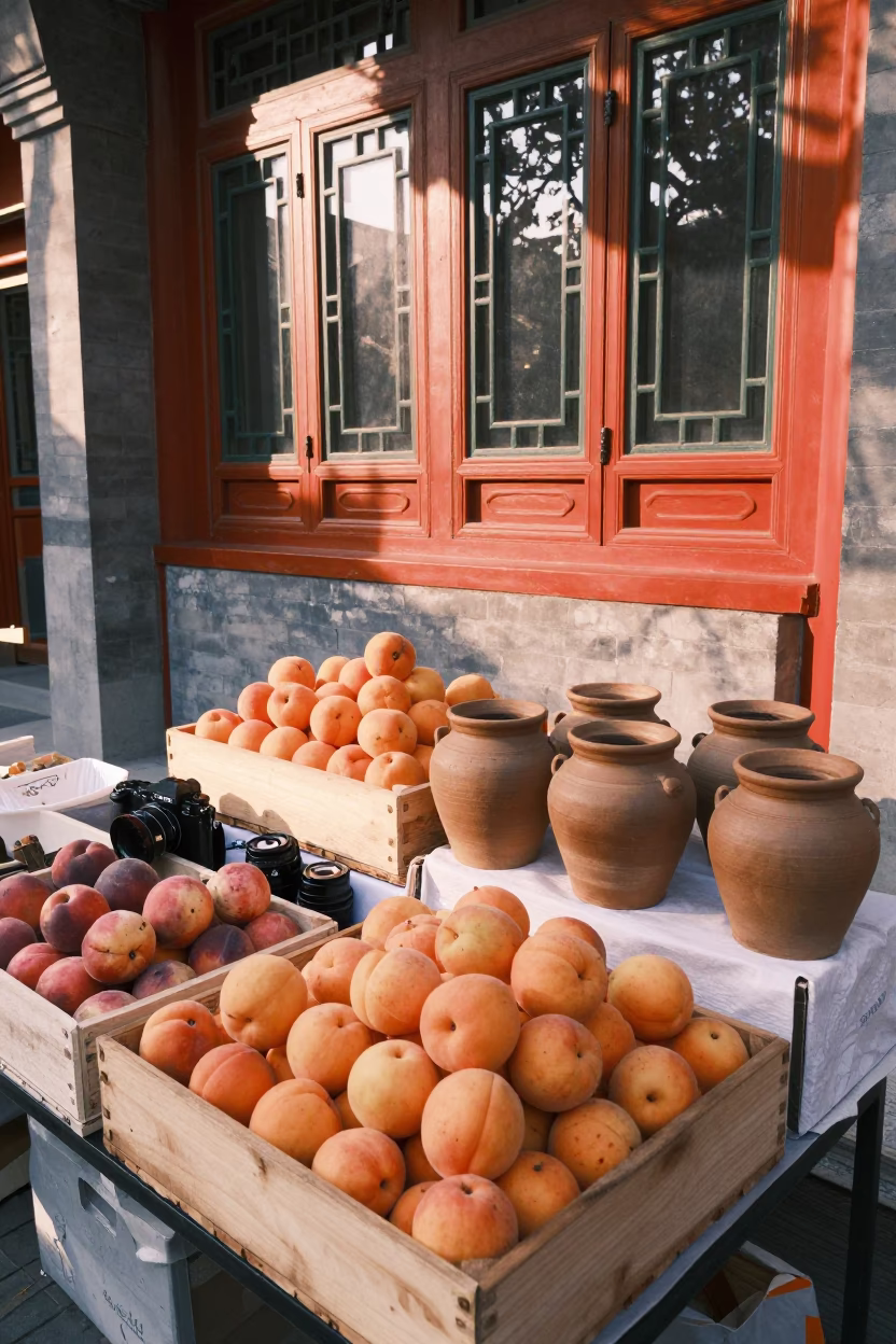 Morning Market Stall in Beijing China with Apricots and Clay Pots in in Beijing, China