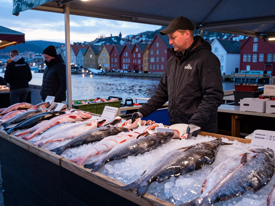 Morning Market Stall in Bergen Norway Before Sunrise with Fresh Seafood Display in in Bergen, Norway