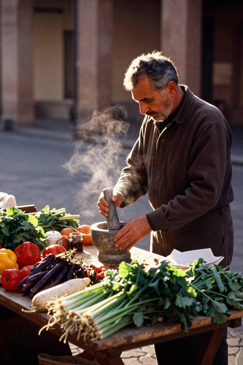 Morning Market Stall in Bologna Italy with Mortar and Pestle at Dawn in in Bologna, Italy
