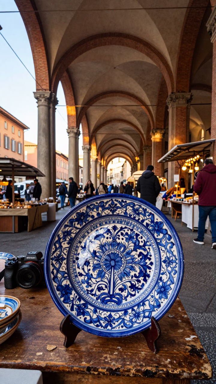 Morning Market Stall in Bologna Italy with Vintage Majolica Plate and Linen in in Bologna, Italy