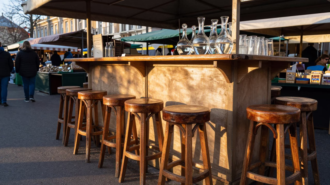 Morning Market Stall in Budapest with Bar Stools and Decanter in in Budapest, Hungary
