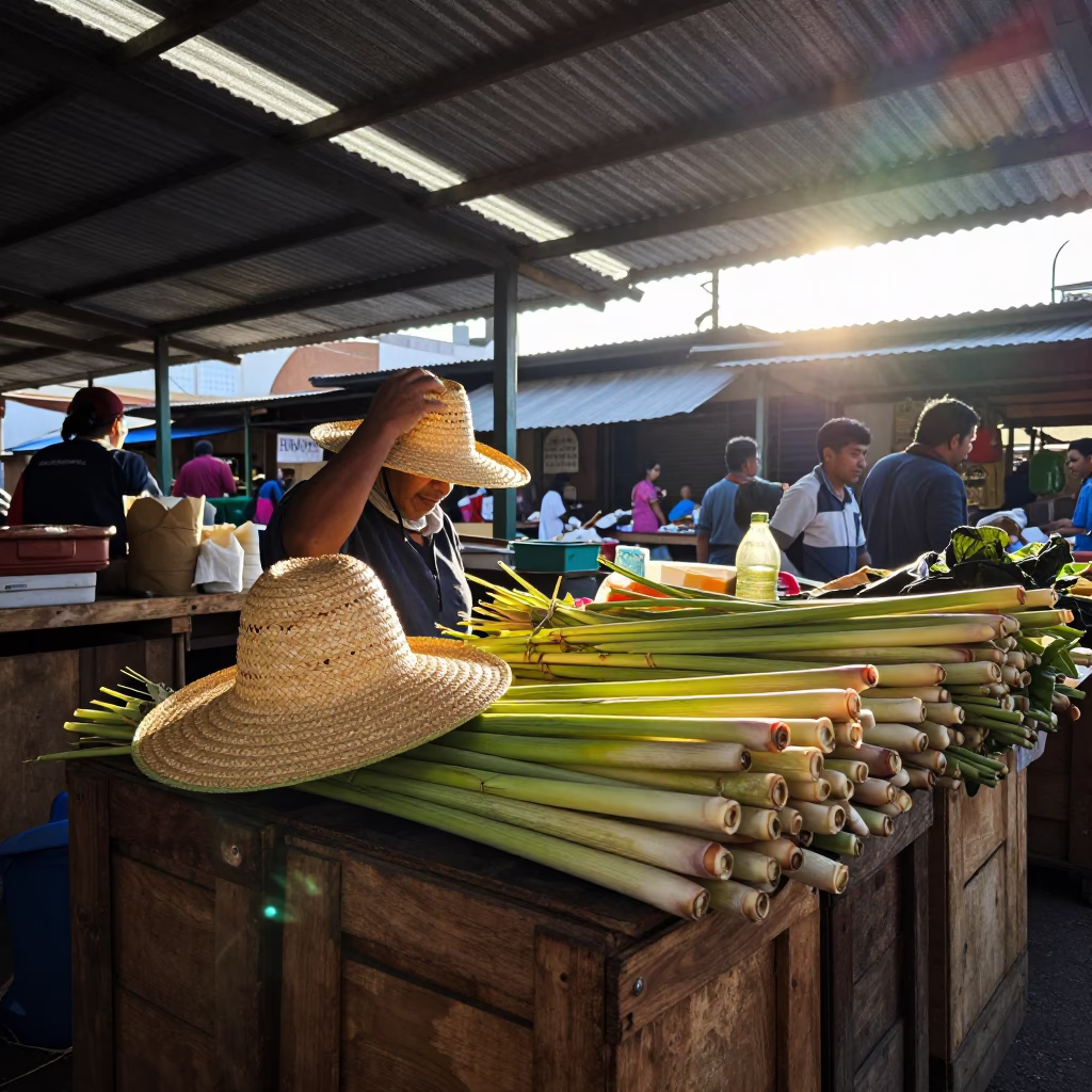 Morning Market Stall in Buenos Aires with Straw Hat and Lemongrass in in Buenos Aires, Argentina