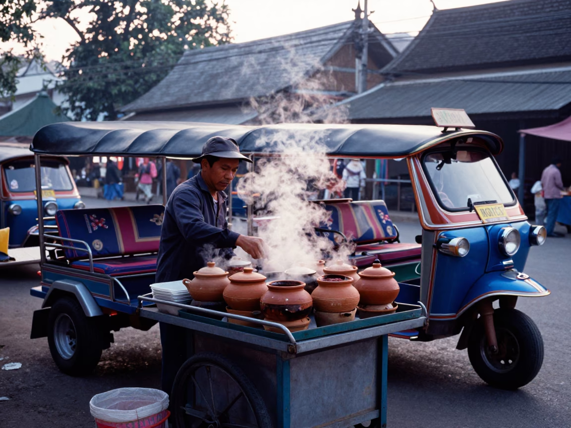 Morning Market Stall in Chiang Mai Thailand Before Sunrise with Tuk-Tuk and Bougainvillea in in Chiang Mai, Thailand