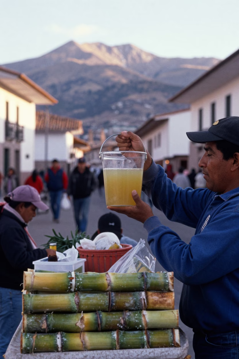 Morning Market Stall in Cusco Peru Selling Fresh Sugarcane Juice After Sunrise in in Cusco, Peru