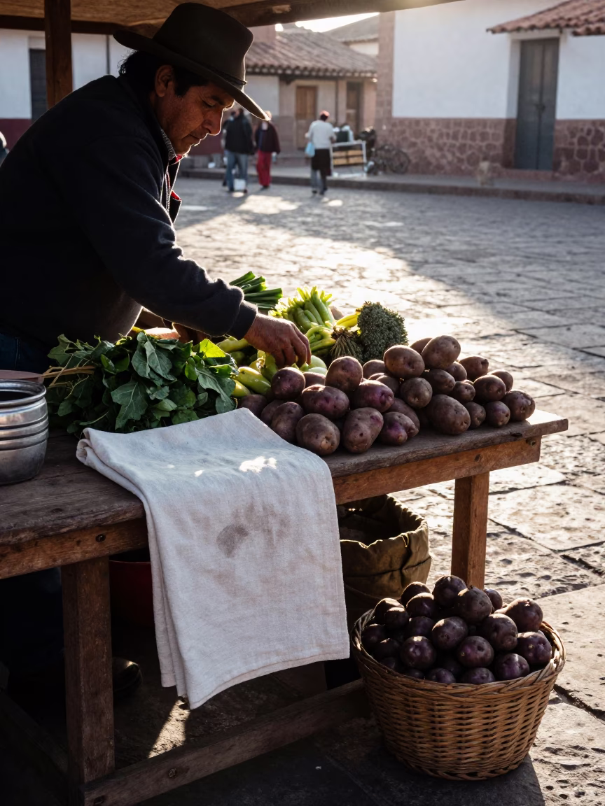 Morning Market Stall in Cusco Peru with Linen Napkin and Smudges in in Cusco, Peru