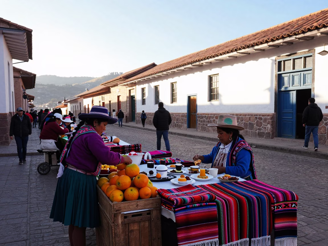 Morning Market Stall in Cusco Peru with Traditional Textiles and Breakfast Items in in Cusco, Peru