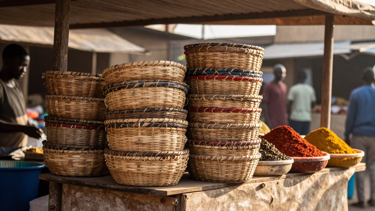 Morning Market Stall in Dakar Senegal with Woven Basket and Spices in in Dakar, Senegal