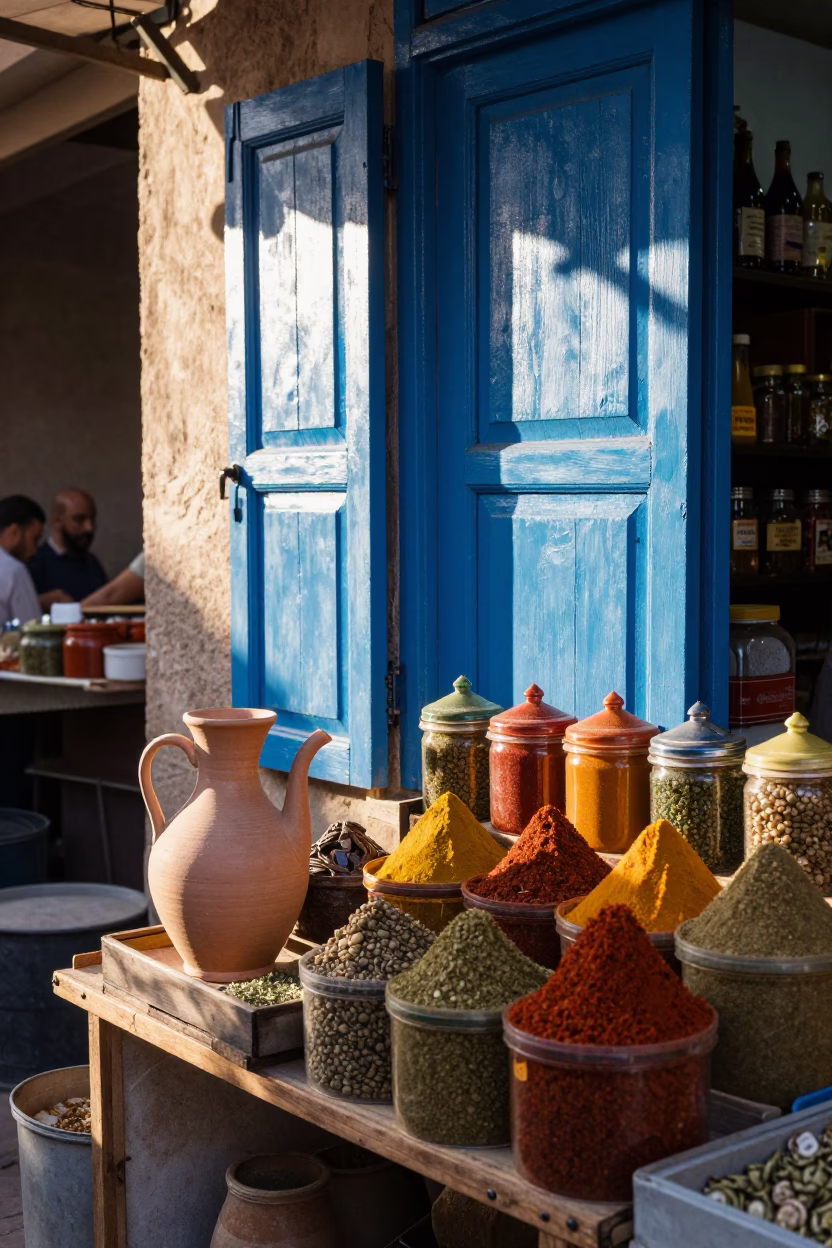 Morning Market Stall in Essaouira Morocco with Ceramic Pitcher and Spice Jars in in Essaouira, Morocco