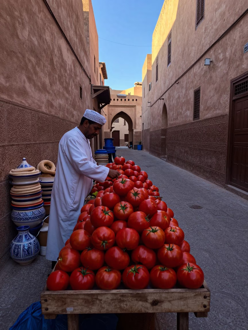 Morning Market Stall in Fez Medina with Fresh Tomatoes and Traditional Pottery Before Sunrise in in Fez, Morocco