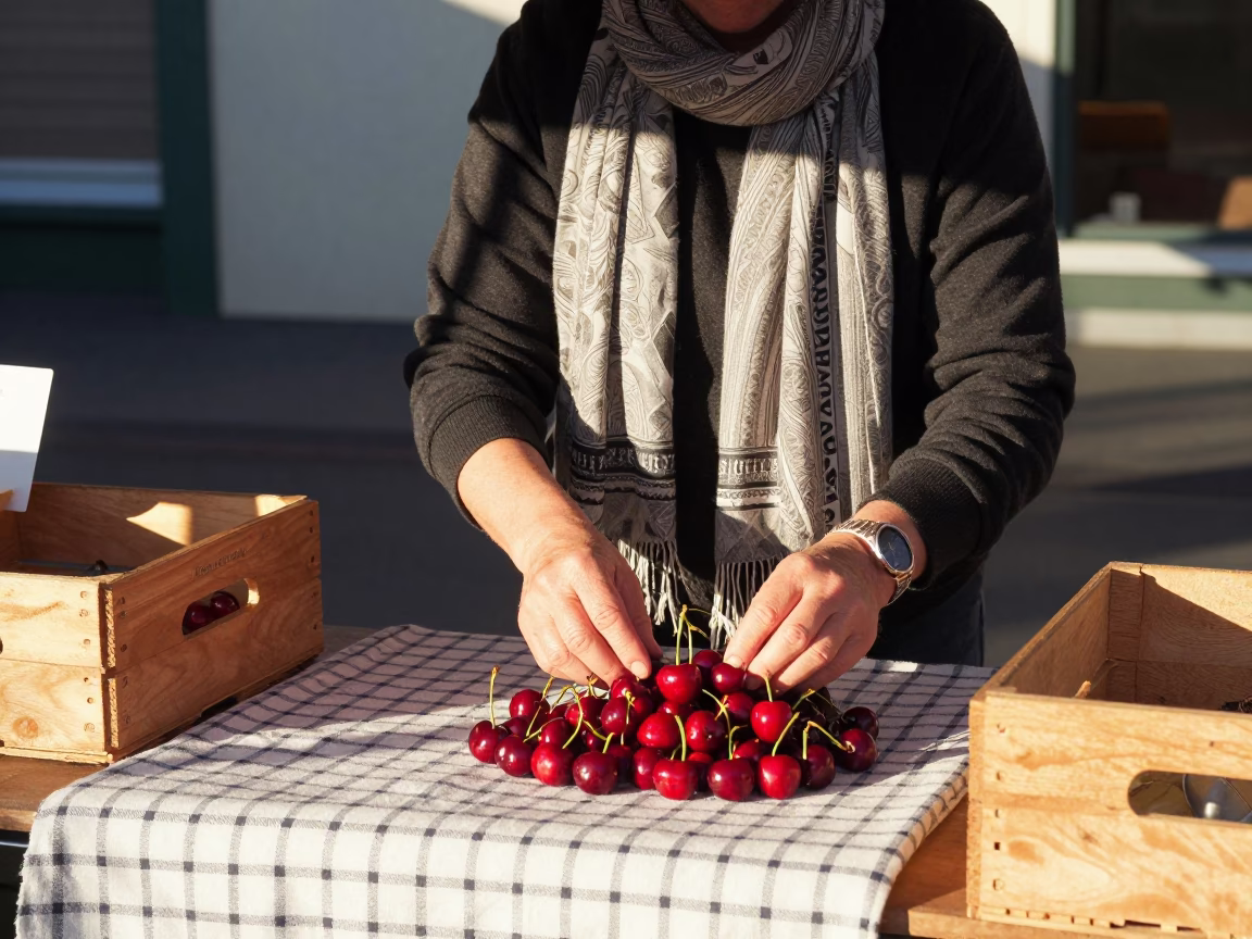Morning Market Stall in Hobart Tasmania with Scarf and Cherries in in Hobart, Tasmania, Australia