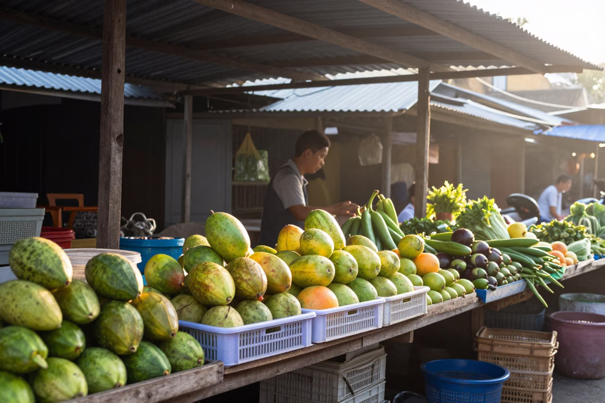 Morning Market Stall in Hoi An Vietnam with Fresh Fruit Crate and Local Produce in in Hoi An, Vietnam