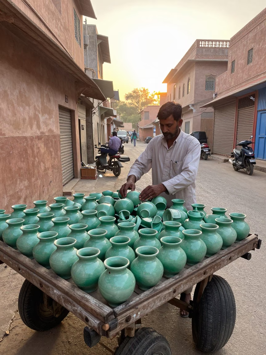 Morning Market Stall in Jaipur India with Ceramic Pots and Tea Cup in in Jaipur, India