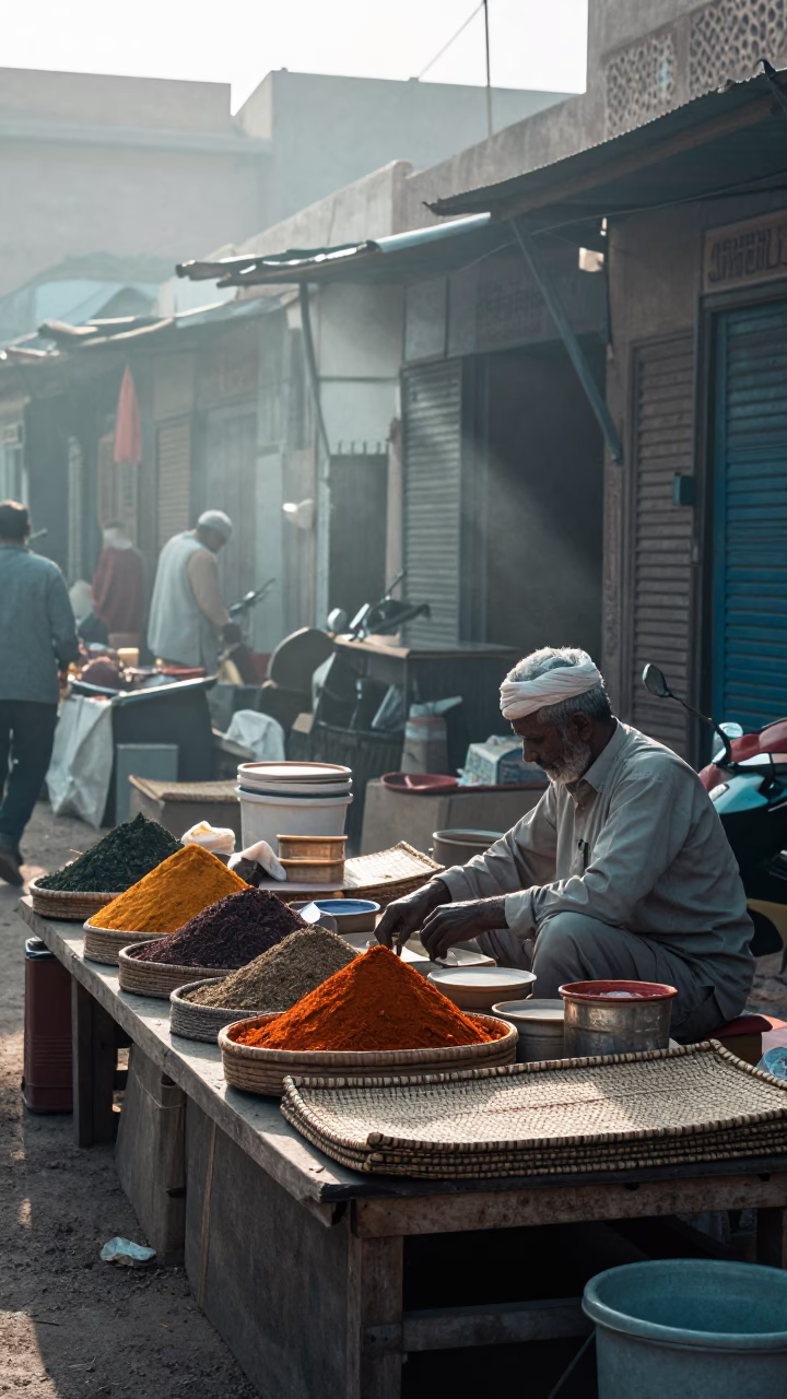 Morning Market Stall in Jaipur India with Woven Mats and Spice Jars Before Sunrise in in Jaipur, India
