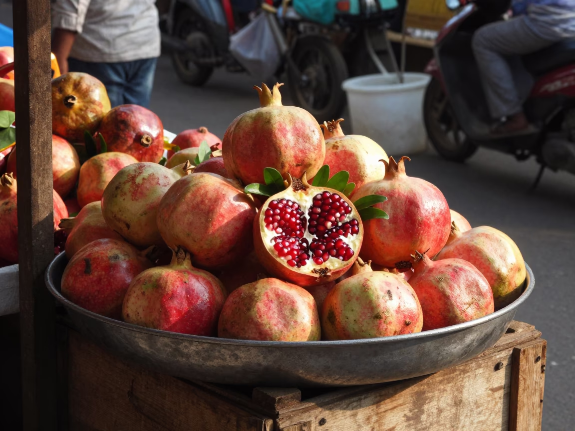 Morning Market Stall in Kochi India with Pomegranate and Metal Rim Detail in in Kochi, India