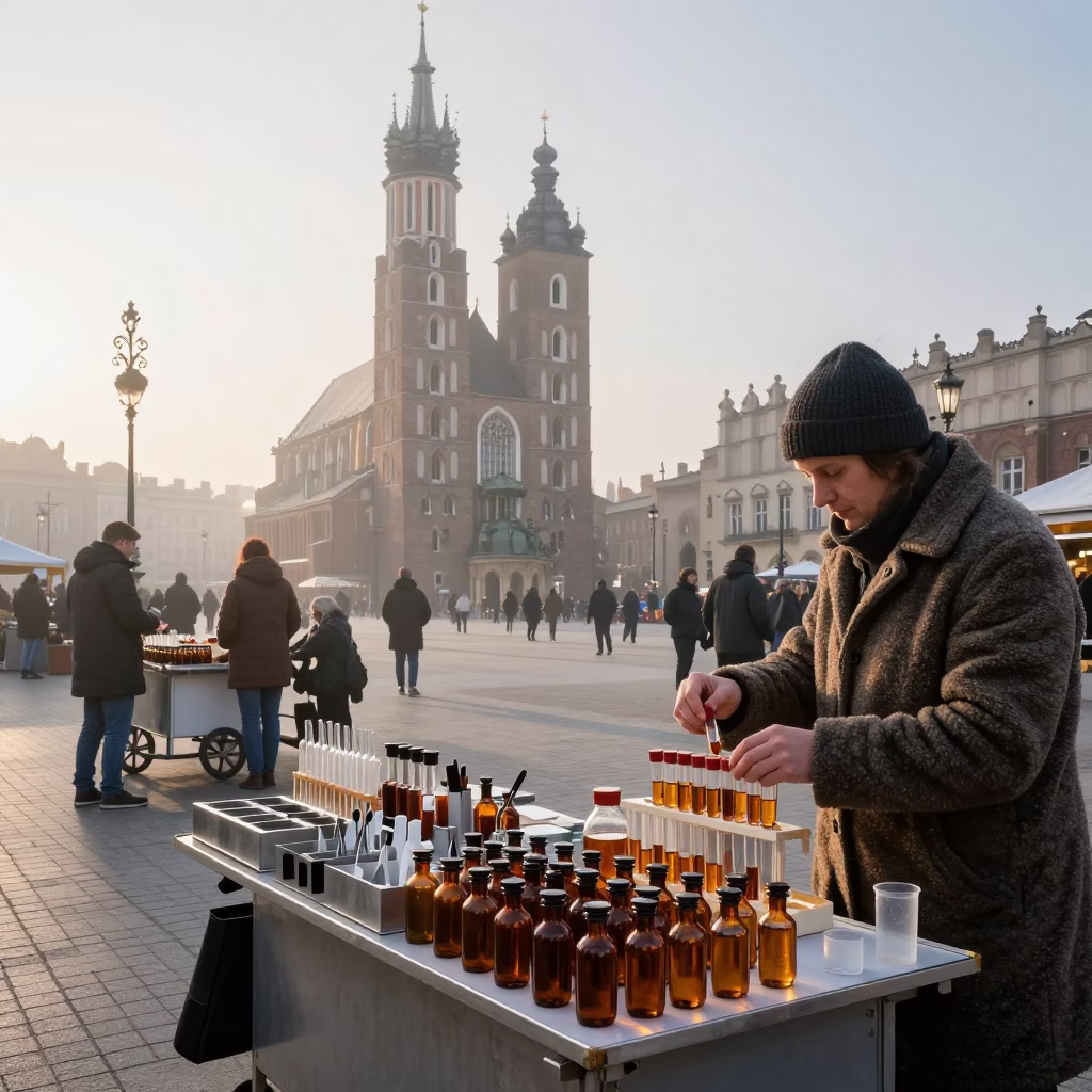 Morning Market Stall in Krakow Poland with Amber Vials and Steel Kettle in in Krakow, Poland