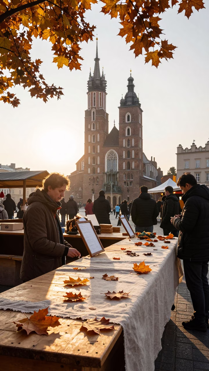 Morning Market Stall in Krakow Poland with Autumn Leaves and Linen Napkin in in Krakow, Poland