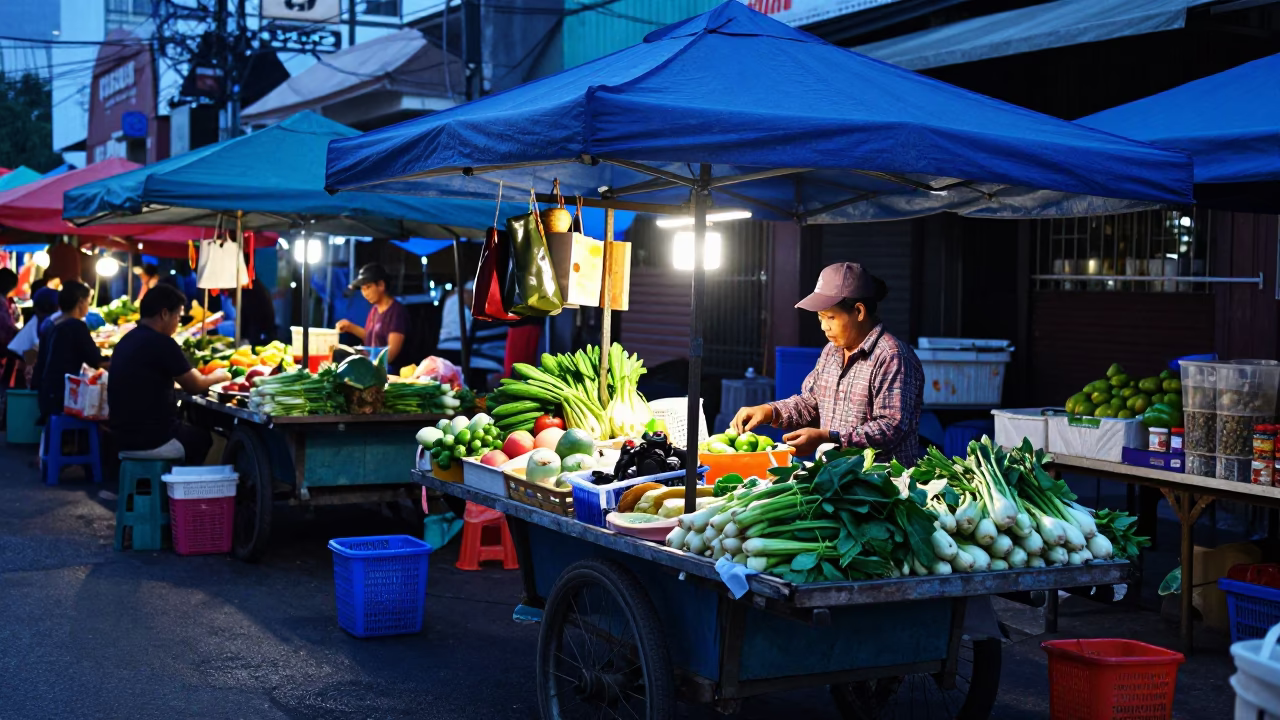 Morning Market Stall in Kuala Lumpur Malaysia Before Sunrise with Local Vendor and Goods in in Kuala Lumpur, Malaysia