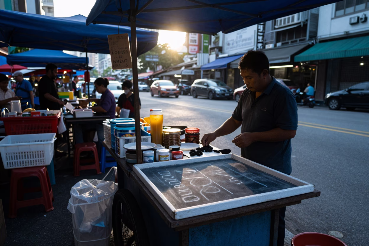 Morning Market Stall in Kuala Lumpur Malaysia with Chalk Tray and Charcoal Stick in in Kuala Lumpur, Malaysia
