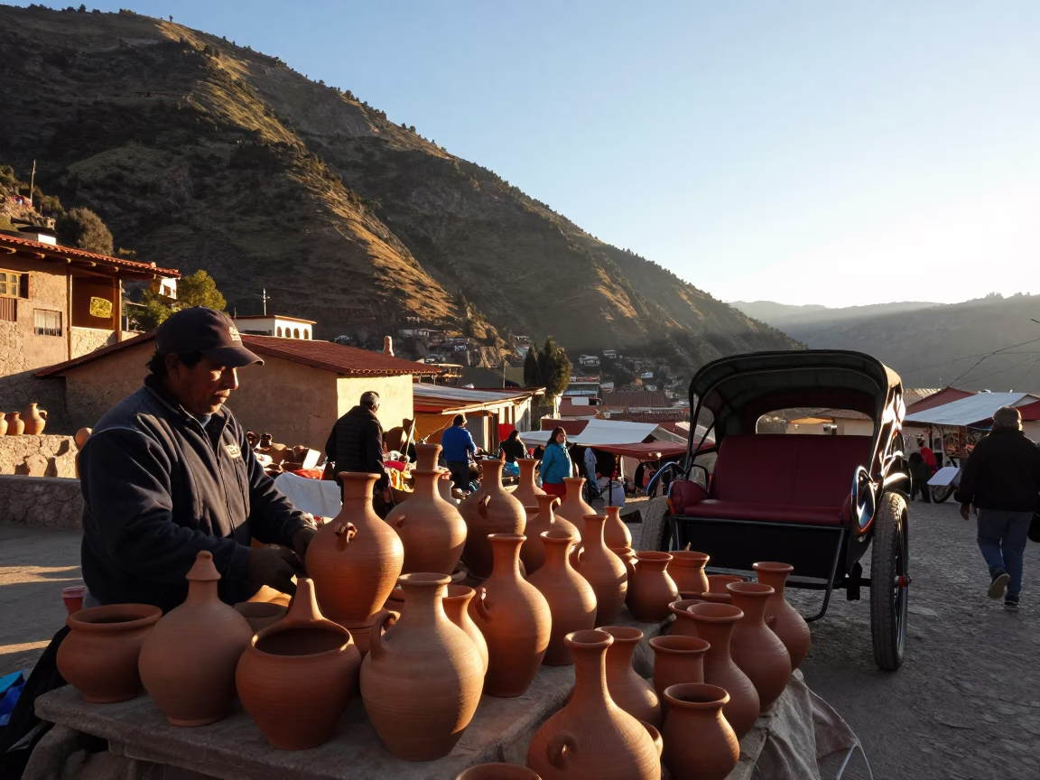 Morning Market Stall in La Paz Bolivia with Clay Pots and Gondola Lifts in in La Paz, Bolivia