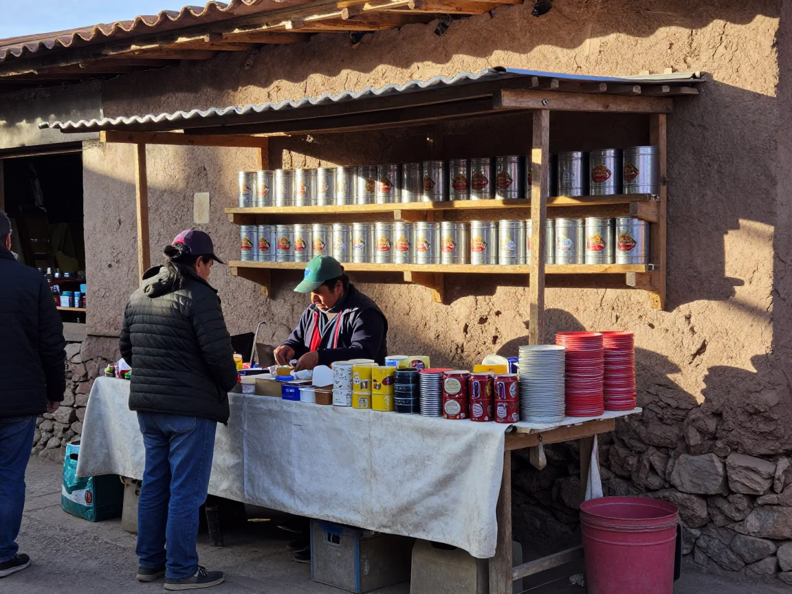 Morning Market Stall in La Paz Bolivia with Tiffin Tin and Wall Shelf in in La Paz, Bolivia