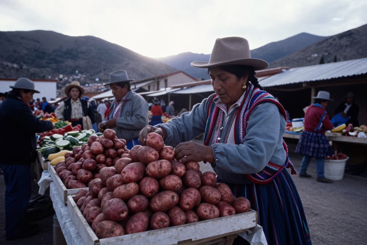 Morning Market Stall in La Paz With Colorful Vegetables and Local Vendor in in La Paz, Bolivia
