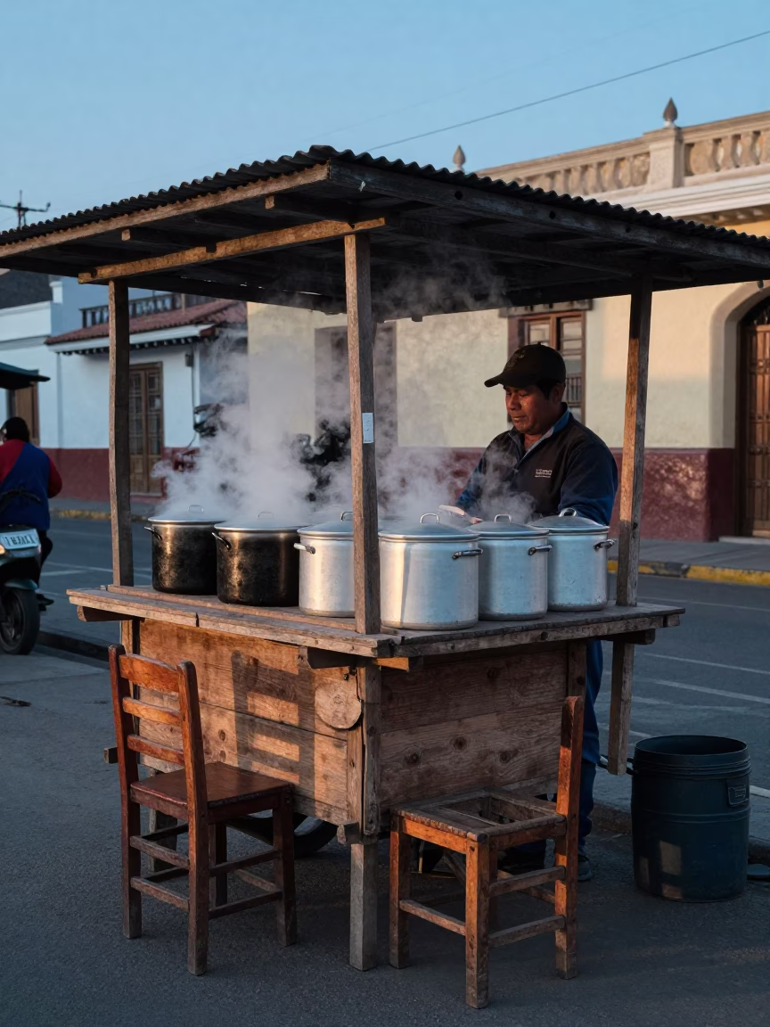 Morning Market Stall in Lima Peru Before Sunrise with Wooden Chair and Ladle in in Lima, Peru