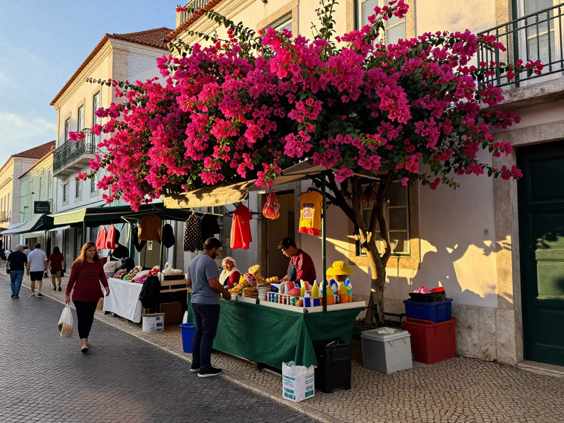 Morning Market Stall in Lisbon with Bougainvillea and Folding Tables in in Lisbon, Portugal