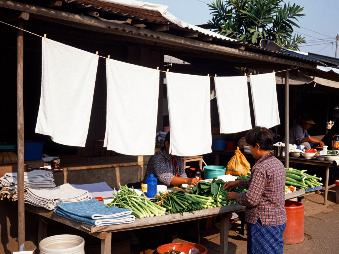 Morning market stall in Luang Prabang Laos with drying towels and local vendor activity in in Luang Prabang, Laos