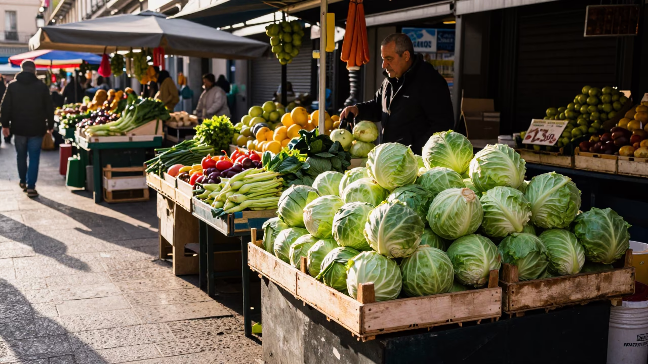 Morning Market Stall in Madrid Spain with Fresh Produce and Early Light in in Madrid, Spain