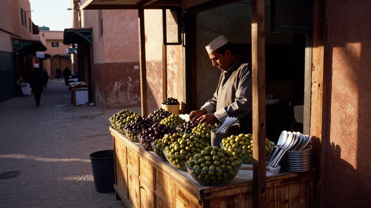 Morning Market Stall in Marrakech Medina with Olives and Cutlery at Dawn in in Marrakech, Morocco