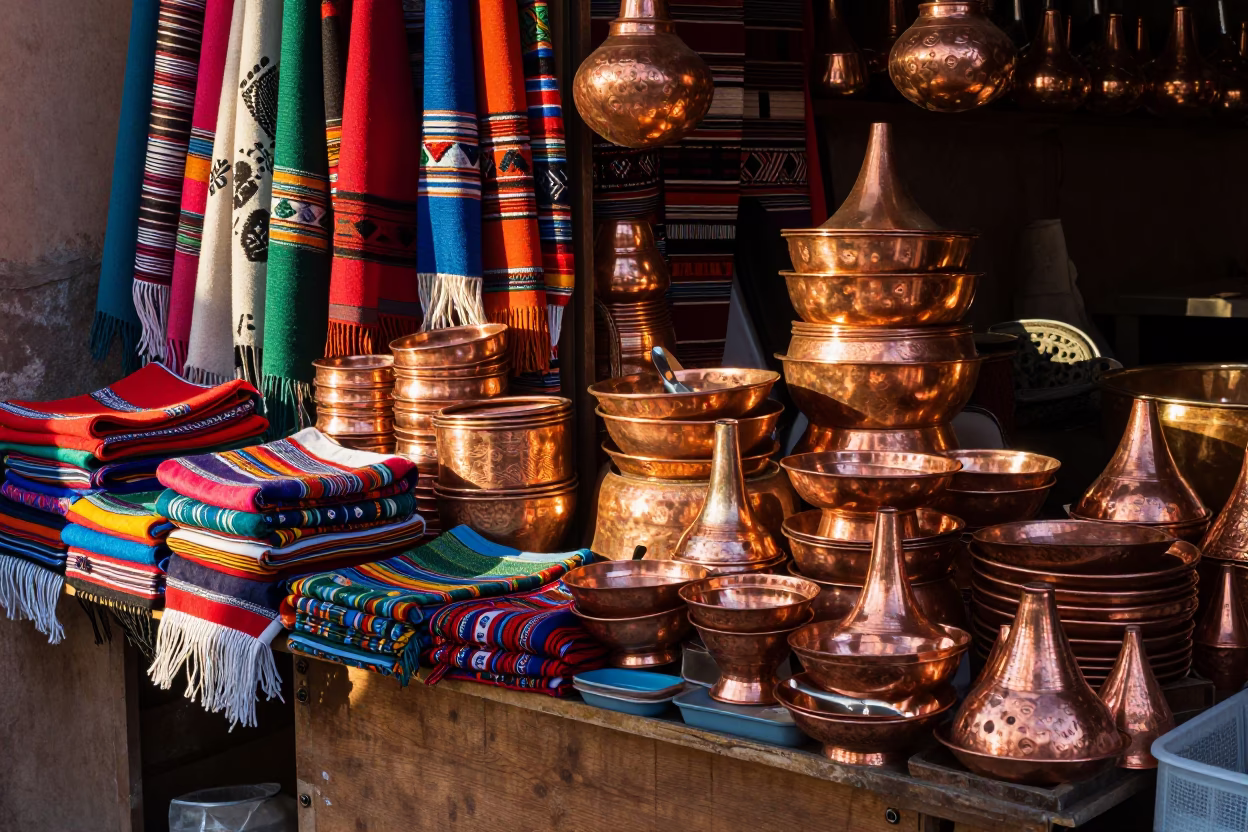 Morning Market Stall in Marrakech Morocco with Copper Bowls and Textiles in in Marrakech, Morocco