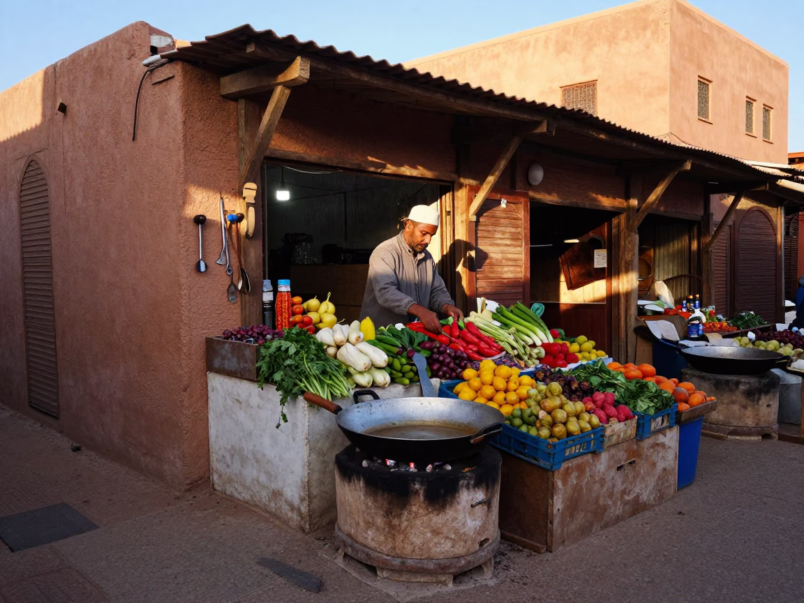 Morning Market Stall in Marrakech Morocco with Skillet and Hand Tool in in Marrakech, Morocco