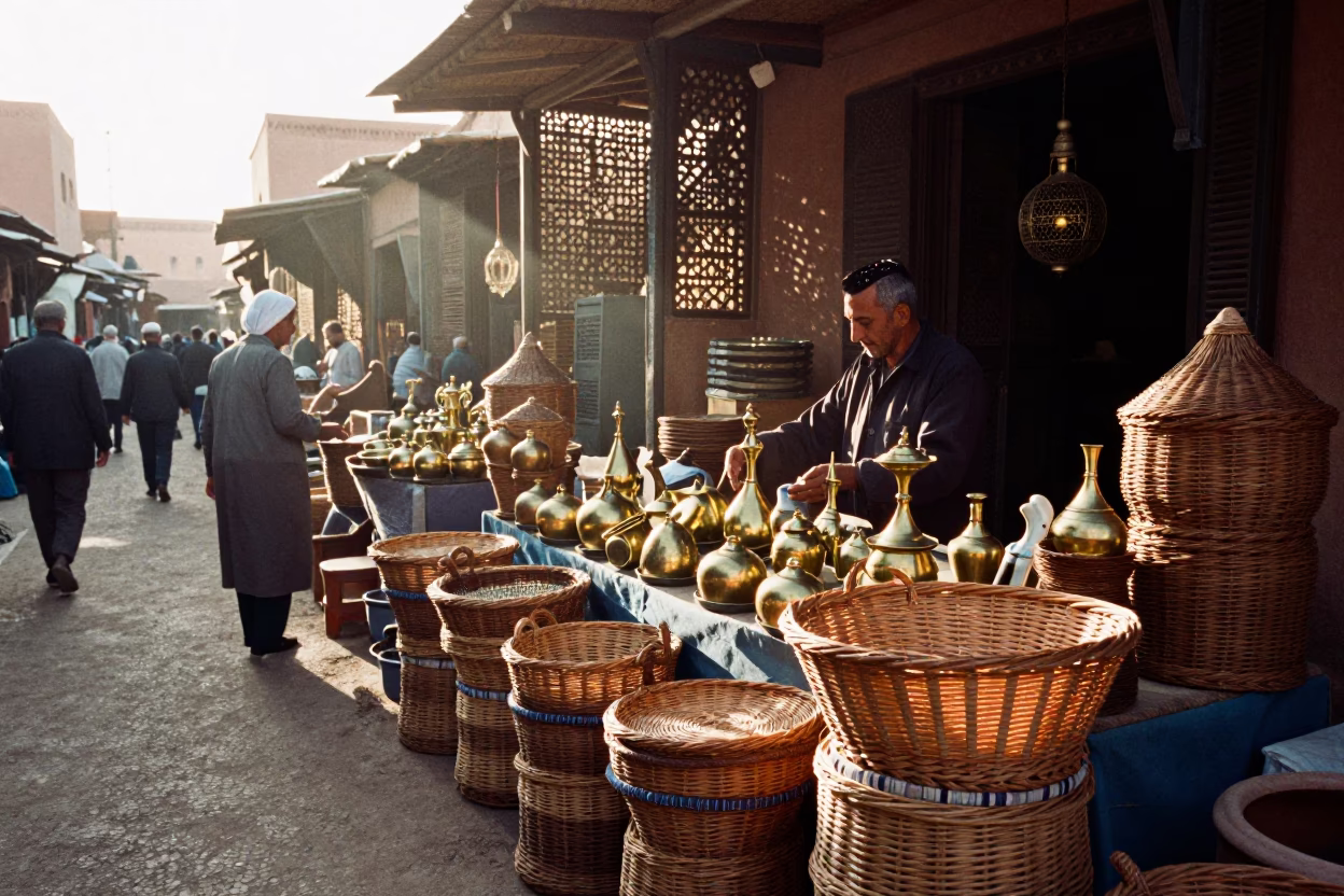 Morning Market Stall in Marrakech Morocco with Wicker Basket and Brass Hardware Details in in Marrakech, Morocco