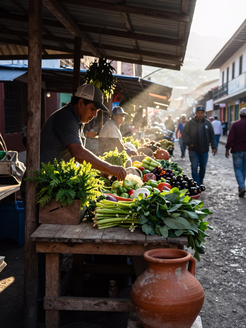 Morning Market Stall in Medellin Colombia with Clay Pot and Garden Gate Detail in in Medellin, Colombia