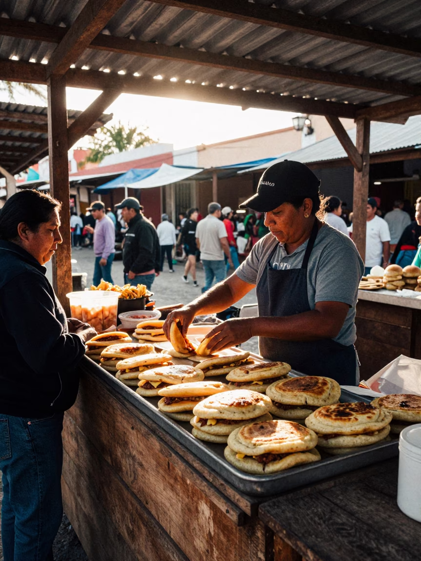 Morning Market Stall in Merida Mexico with Arepas and Street Life in in Merida, Mexico