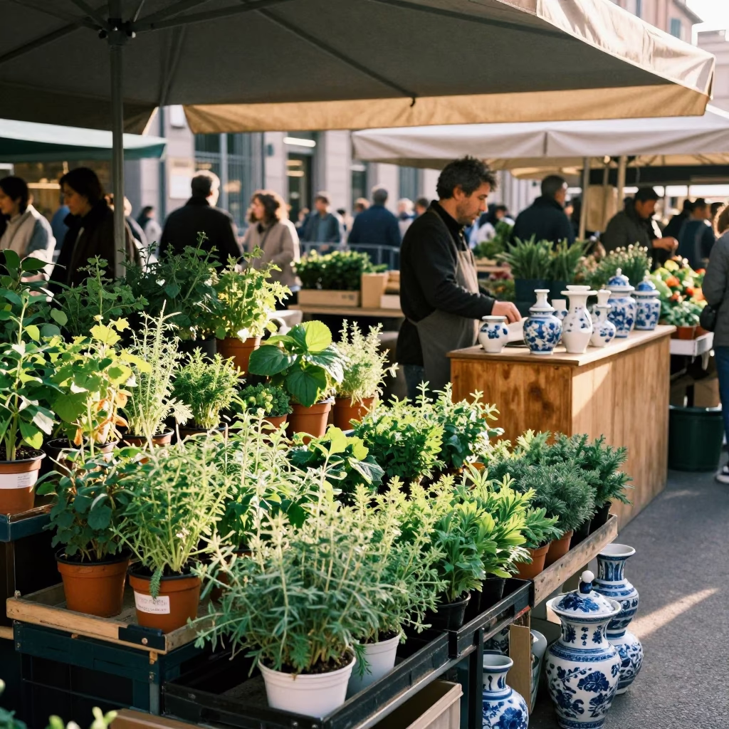 Morning Market Stall in Milan Italy with Potted Herbs and Porcelain Jars in in Milan, Italy
