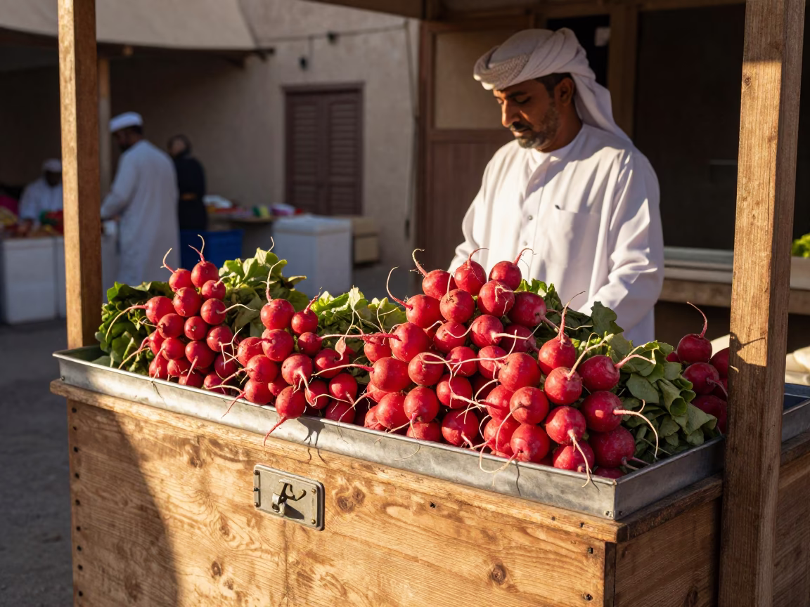 Morning Market Stall in Muscat Oman with Radishes and Nickel Latch Detail in in Muscat, Oman