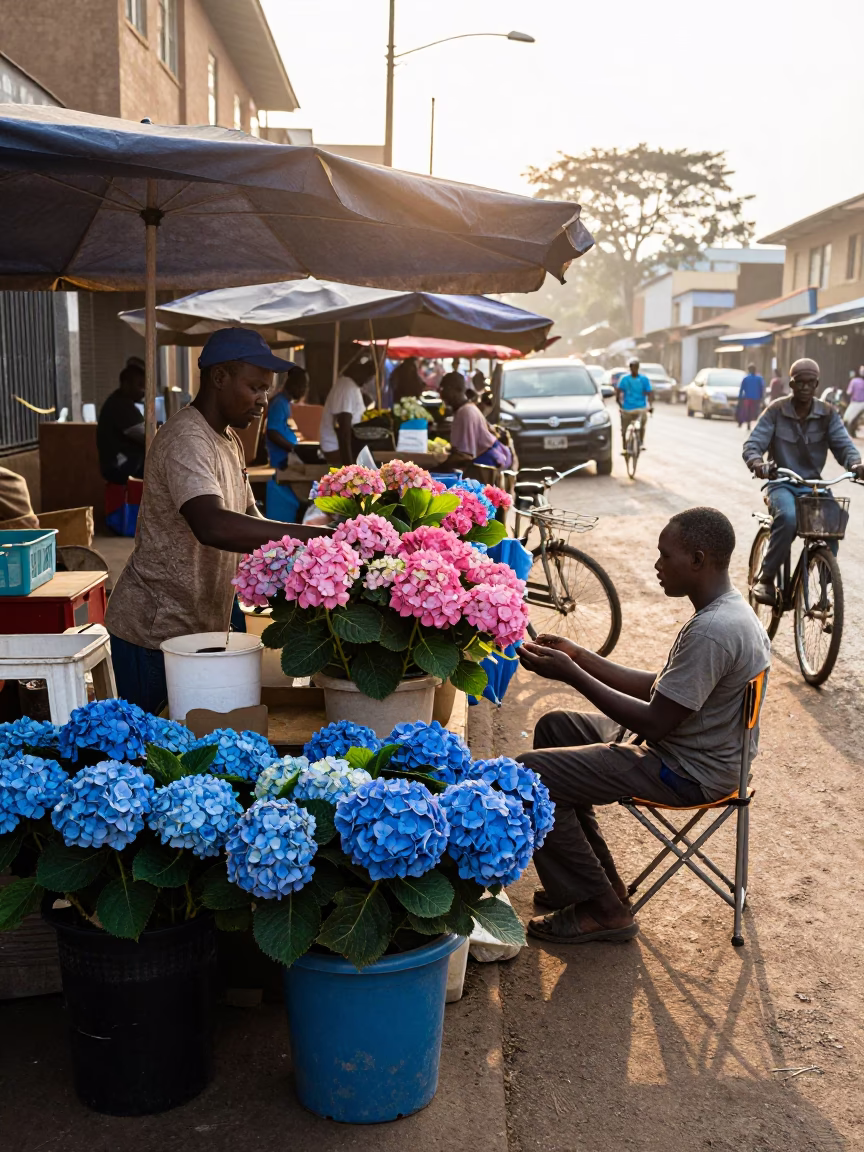Morning Market Stall in Nairobi Kenya with Blue Hydrangeas and Folding Chair in in Nairobi, Kenya