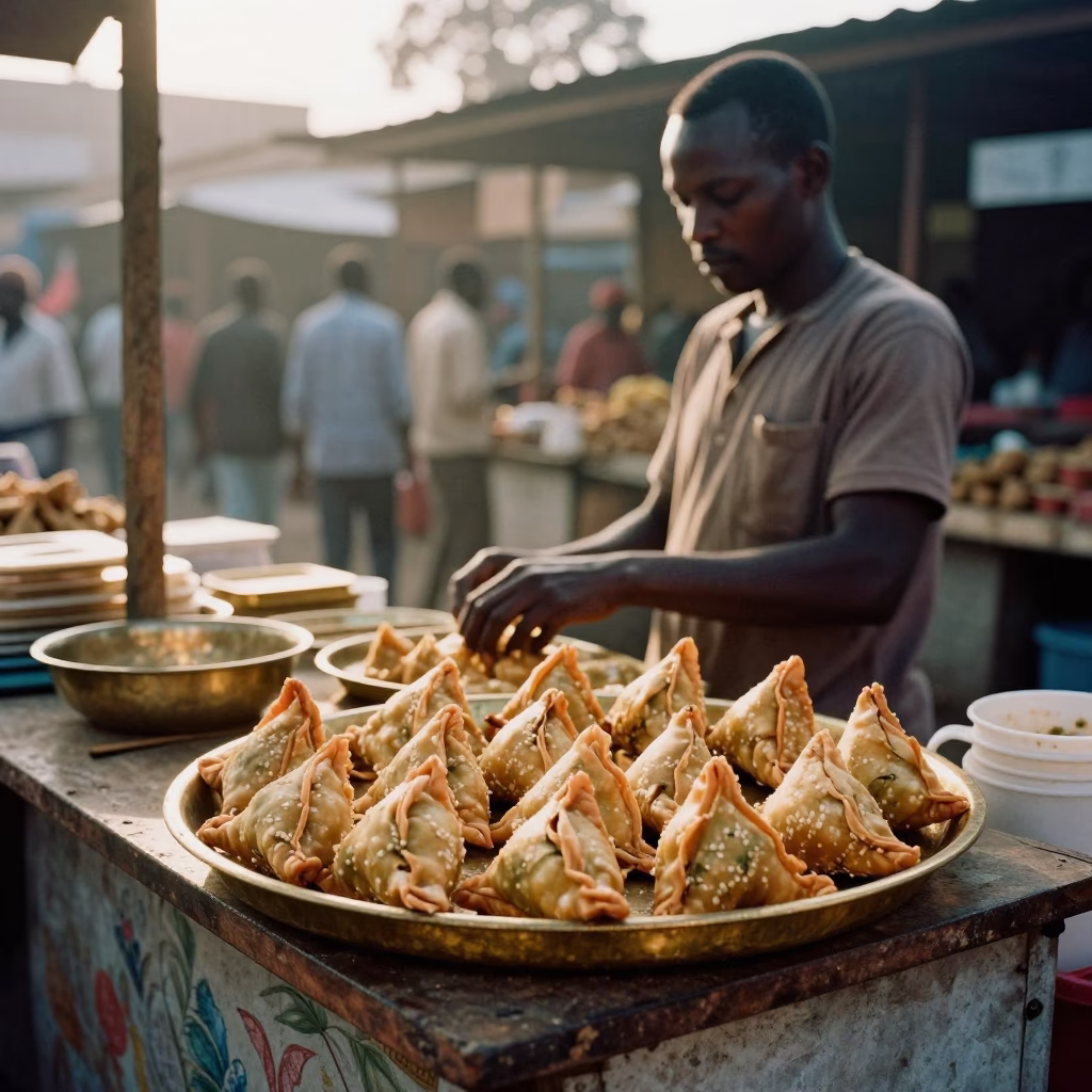 Morning Market Stall in Nairobi Kenya with Brass Tray of Samosas and Local Vendor in in Nairobi, Kenya