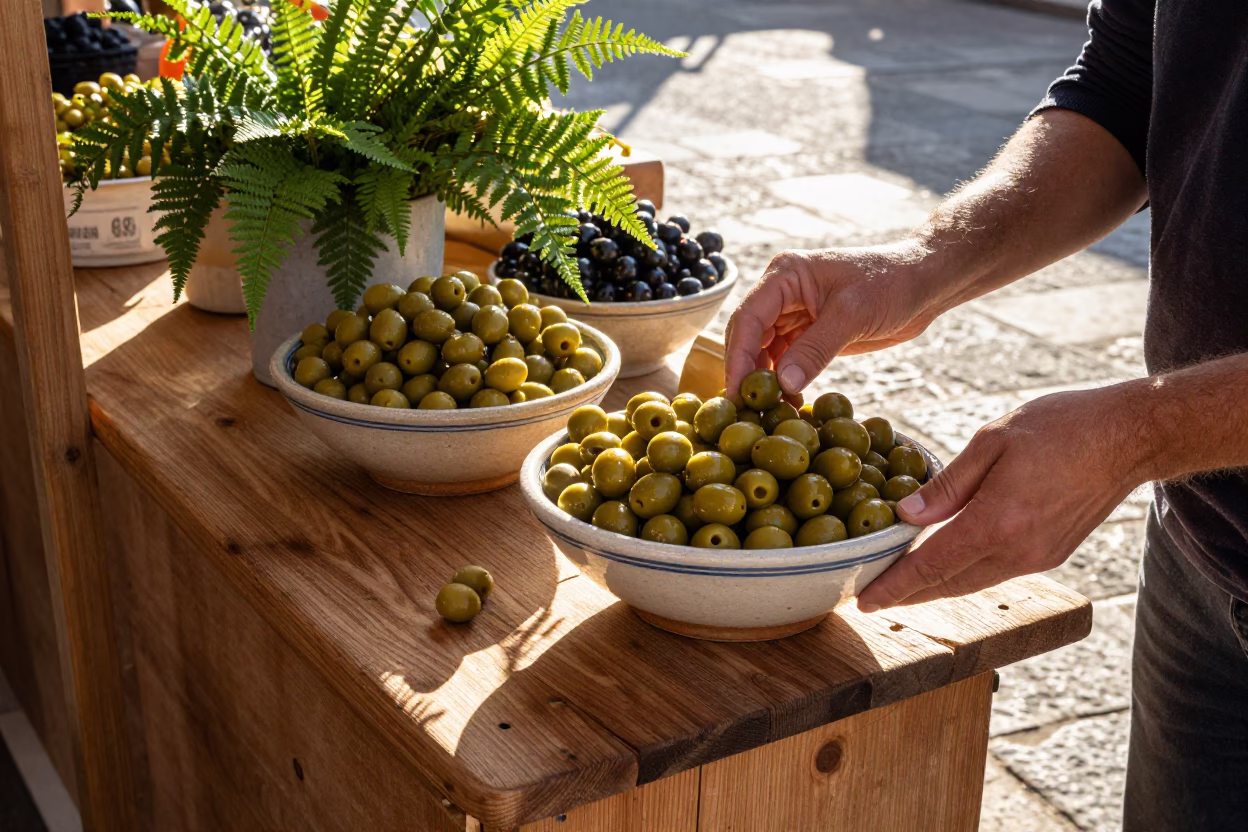 Morning Market Stall in Nice France with Olive Dish and Fern Fronds in in Nice, France