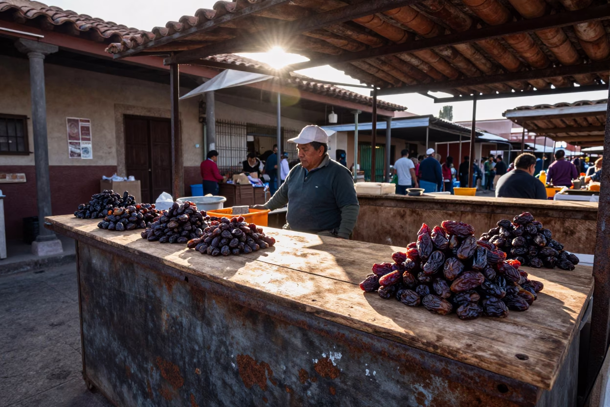 Morning Market Stall in Oaxaca Mexico with Dates and Rusty Metal in in Oaxaca, Mexico
