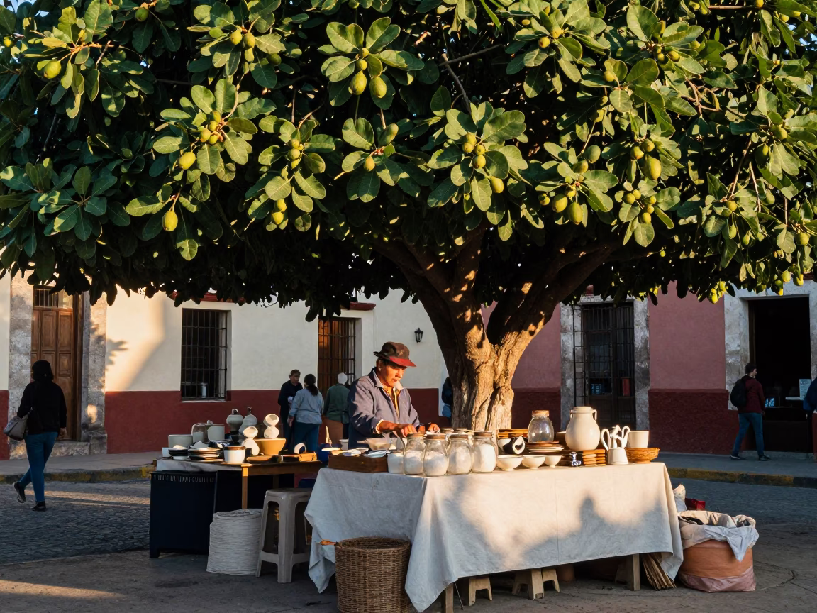 Morning Market Stall in Oaxaca Mexico with Fig Tree and Kitchenware in in Oaxaca, Mexico